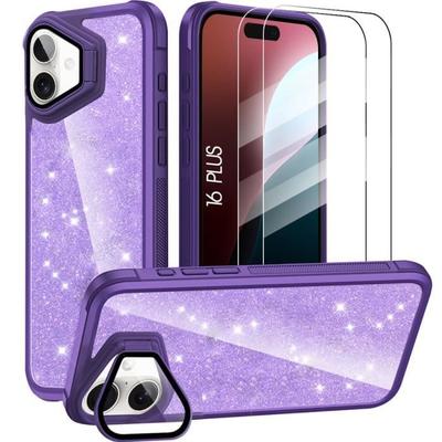 Case + 2 Tempered Glasses for iPhone 16 Plus, Shockproof Glitter Case with Lens Protection - Translucent Purple
