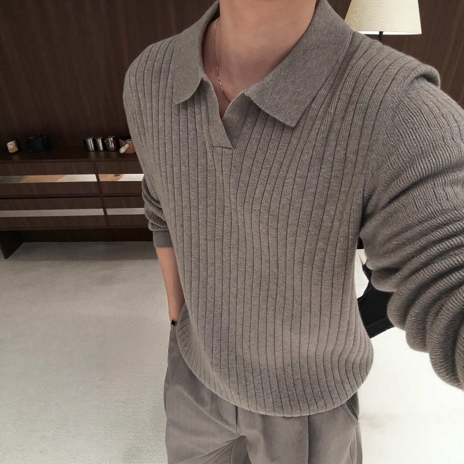 Men s Retro Striped Long Sleeve Polo Sweater with Rib Knit Lapel 3XL