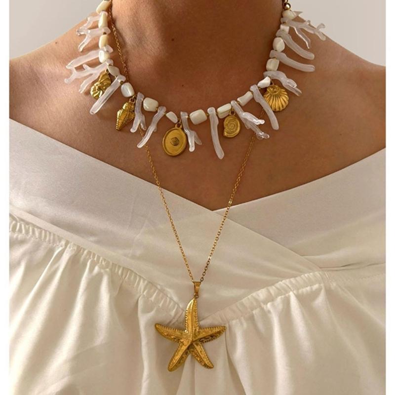 Sea Starfish Coral Shell Beaded Necklace Lightweight Stainless Steel Acrylic Stackable Jewelry For Daily Wear