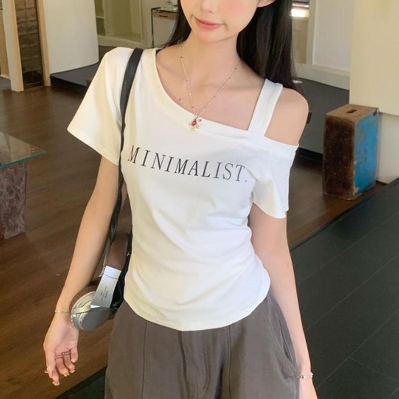 Women s White Asymmetrical Off Shoulder Letter Print Short Sleeve Tee S