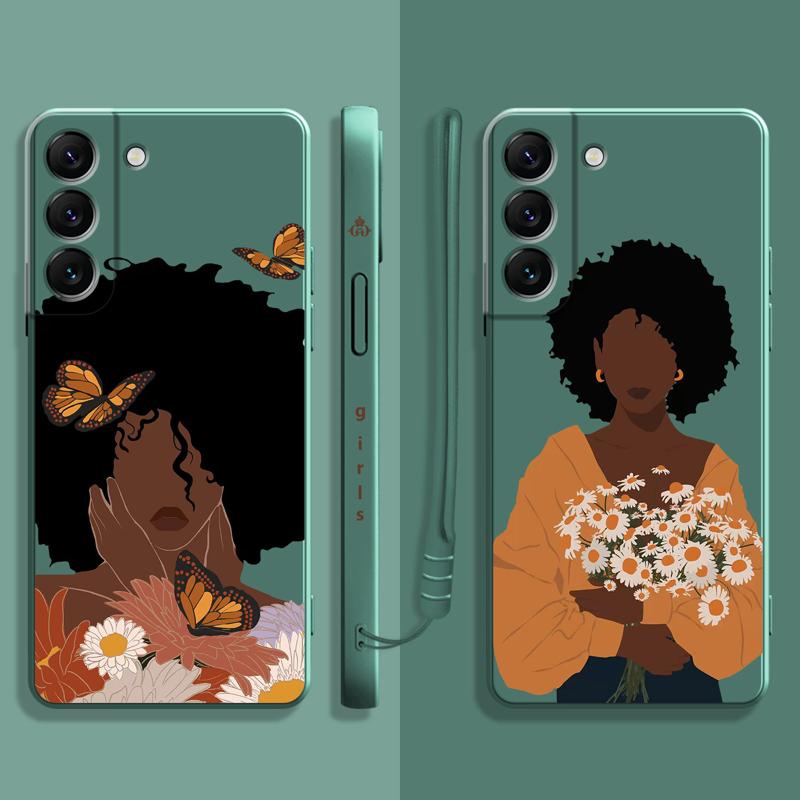 Pretty African Girl Daisy Flower Butterfly Liquid Case For Samsung Galaxy S22 S21 S20 Fe Ultra S10 S9 S8 Plus S10e Note 20 Lite