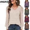 Women's Fashion Casual Solid Color Print Long Sleeve V Neck Blouses & Shirts