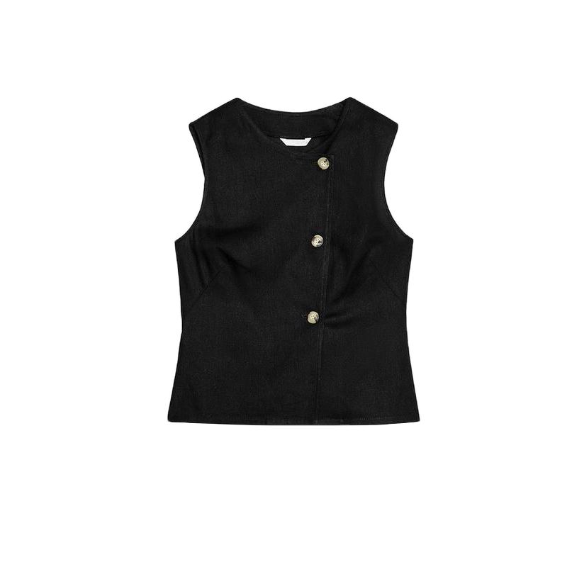 

Spring and Summer Linen Blend Double Breasted Vest Style Tops 2730722 with Belt Wide-Leg Pants 2845722 Black Tops L