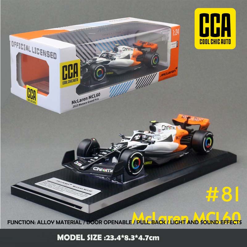 CCA Simulation 1:24 McLaren F1 Racing Car Model MCL60 Monaco Station 2023 Collection Diecast Miniature Voiture Man Boy Gift