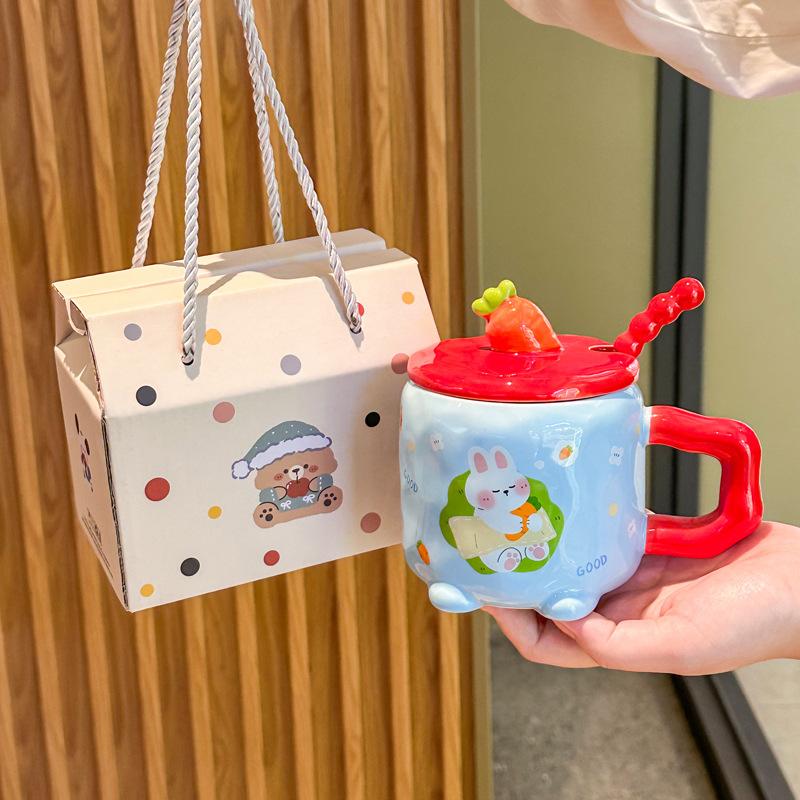 Cute and high-value radish rabbit ceramic cup with lid spoon girl couple mug for girlfriend birthday gift