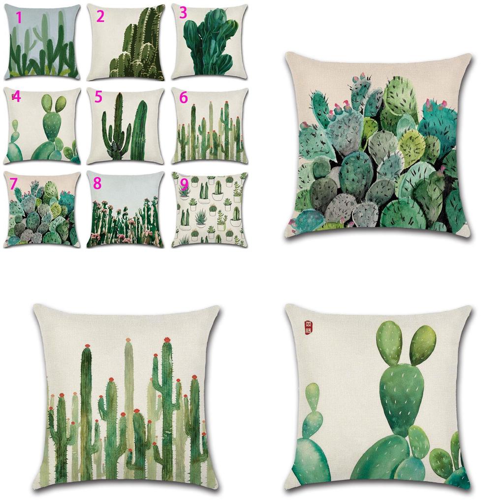 Premium Quality Cotton Linen Square Pillow Cover Featuring Tropical Cactus Design