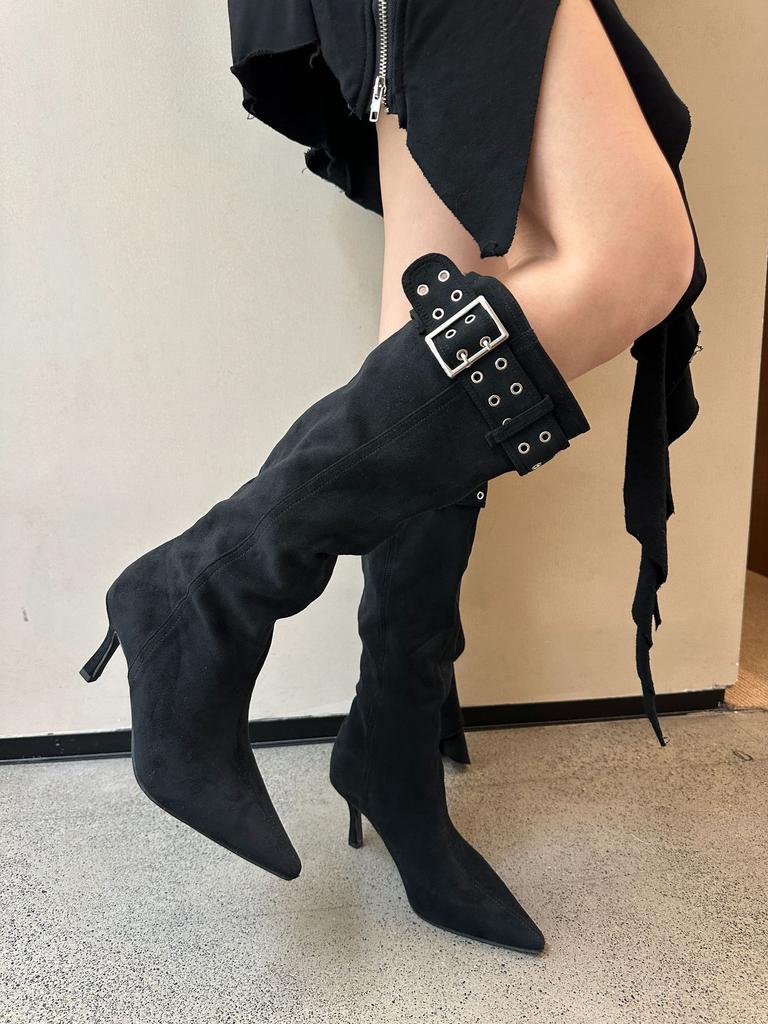 7Cm fine heel pleated pile boots women's 2025 new pointed high heel boots black high knee boots