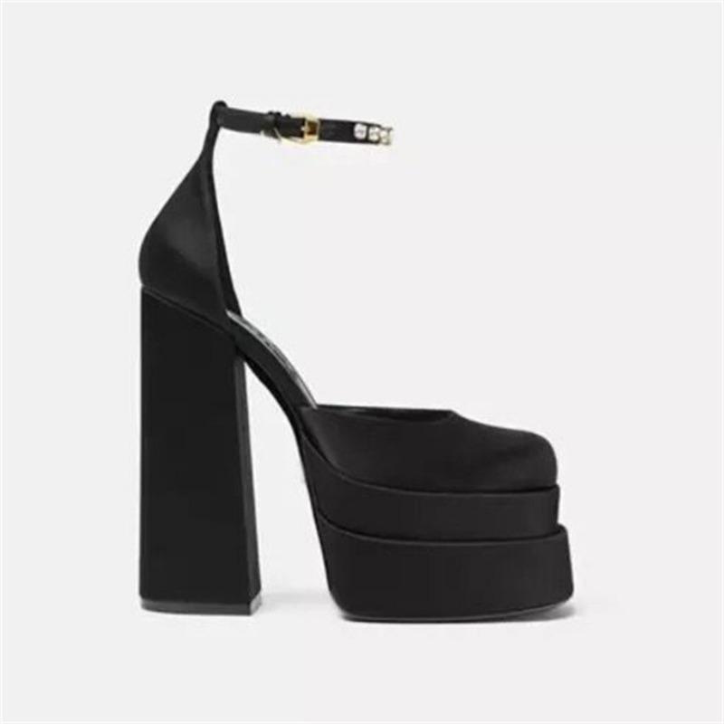 

Summer high-heeled double-layer water table satin square head hollow women s sandals bag head rhinestone buckle thick-soled thick-heeled sandals women 35 чёрный