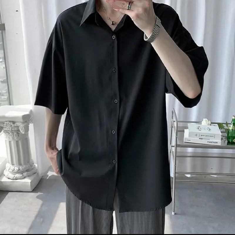 Men s Summer Thin Ice Silk Short-sleeved Shirt Simple Black and Gray Solid Color Plus Size Casual Short-sleeved Ruffian Handsome White Shirt S