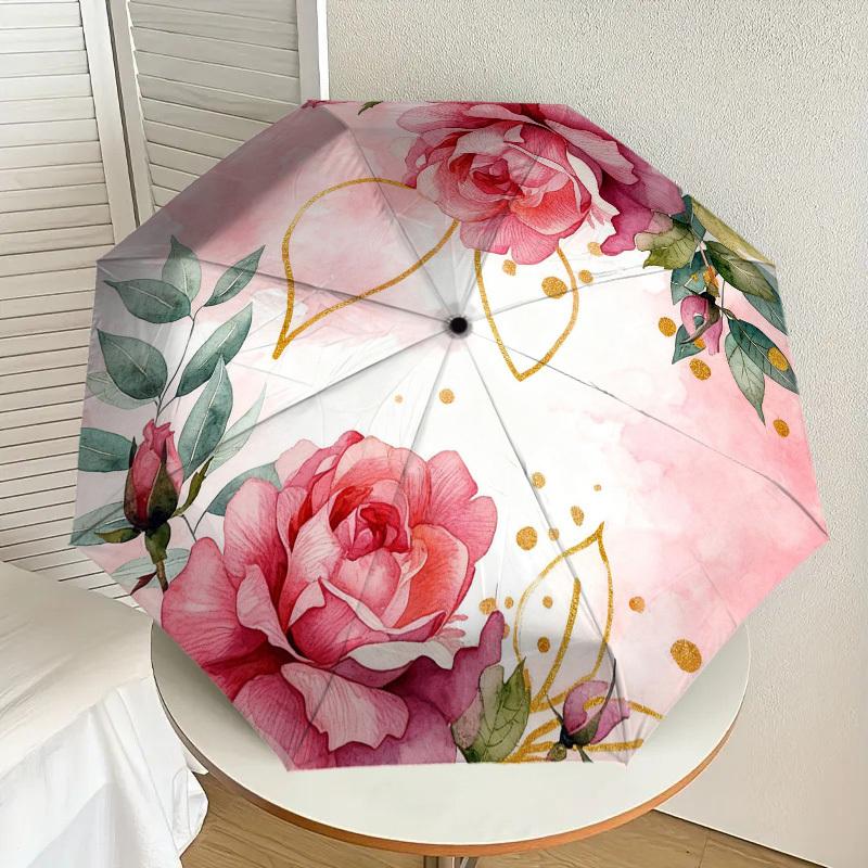 1pc Rose Floral Automatic Folding Umbrella, Heavy Duty 8 Rib Iron Frame,  Suitable for Travel, Daily Use, Birthday, Decor Gift m0104041