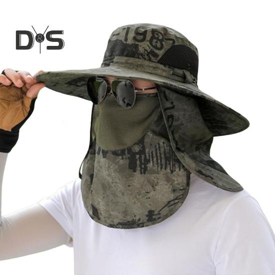 Men Fisherman Hat with Front Cover Large Brim Hollow Mesh Camouflage Print Anti-UV Sunlight Protection Quick Dry Great Breathability Outdoor Fishing