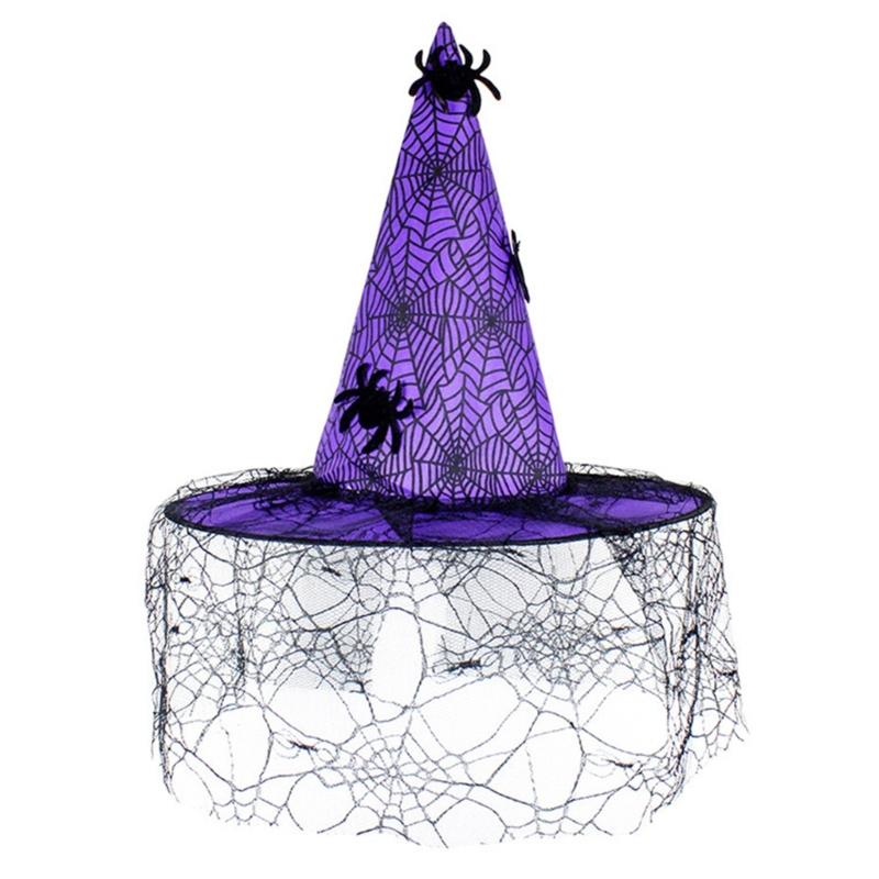 Wicked Witch Hats for Women Halloween Hat with Lace Veil Spiders Web Decors
