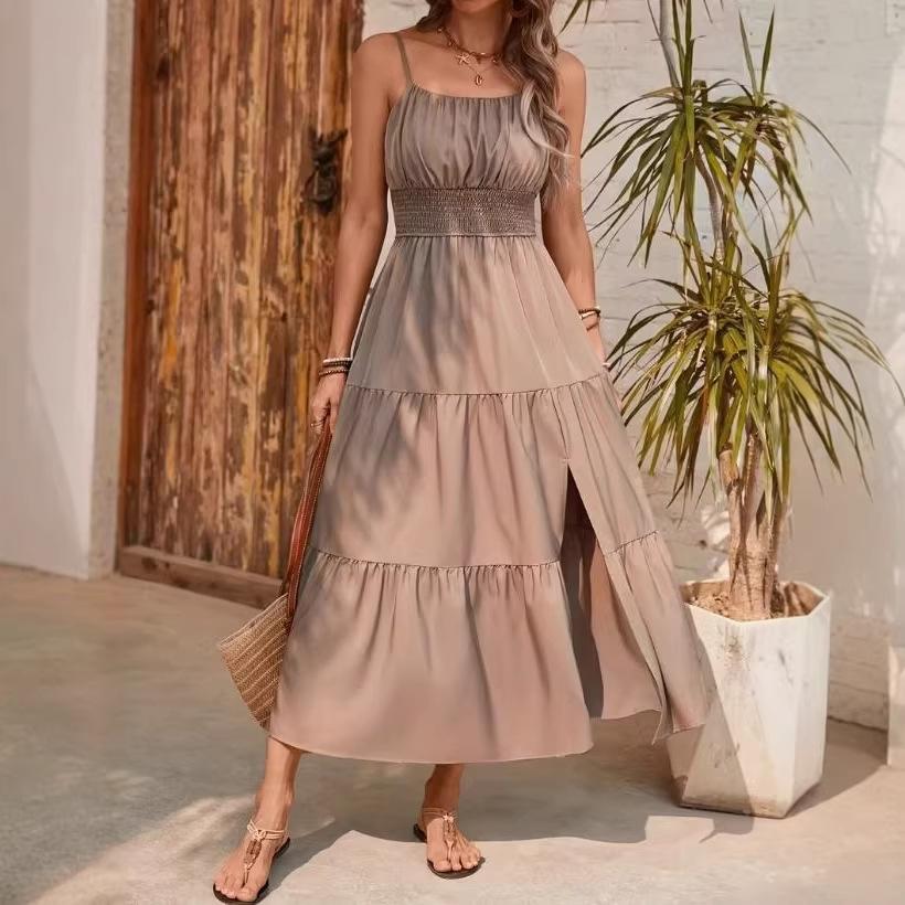 Spring and Summer New European and American Suspender Layered Waist Solid Color Slim Dress Women's Dress