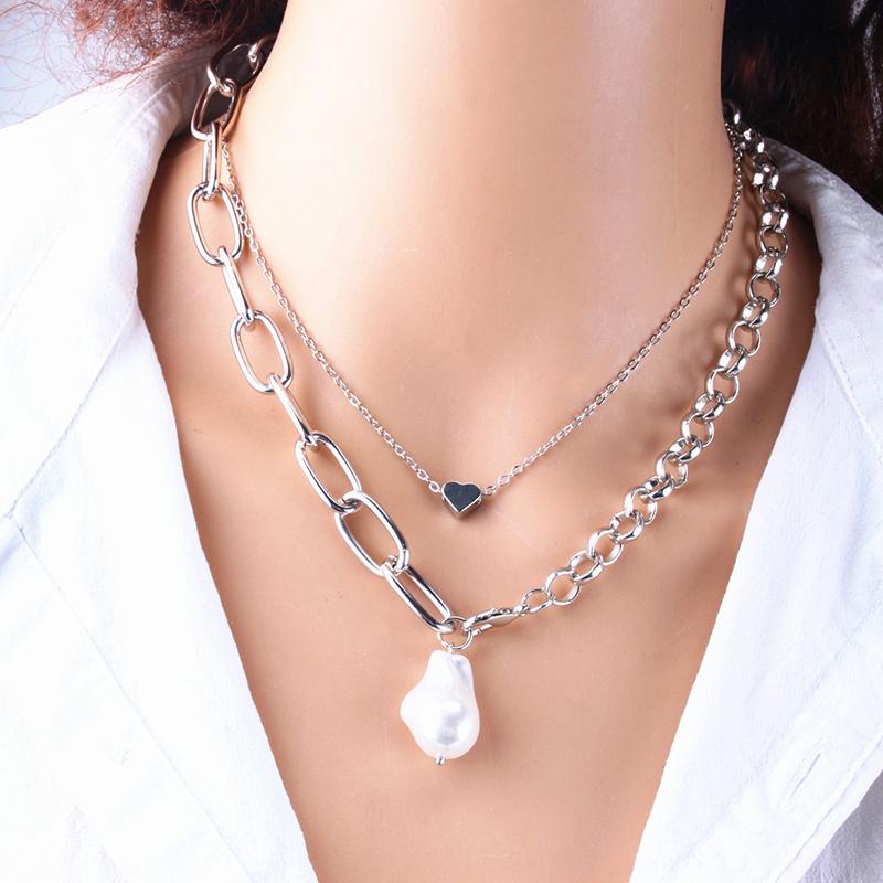 Fashion Chain Pearl Necklace For Women Baroque Pearl Metal Charm Pendant Necklaces Choker Snake Chain Zircon Gold Copper Color