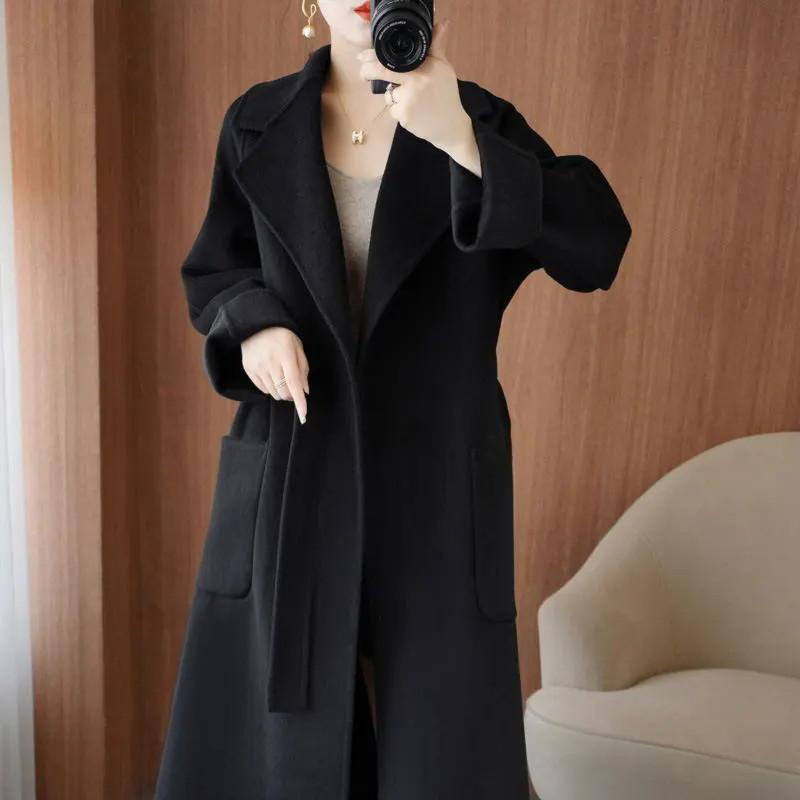 Autumn and Winter Double Sided Wool Double-Sided Cashmere Coat Women Winter Mid-Length Loose Pockets Woolen Jacket Female Overcoat