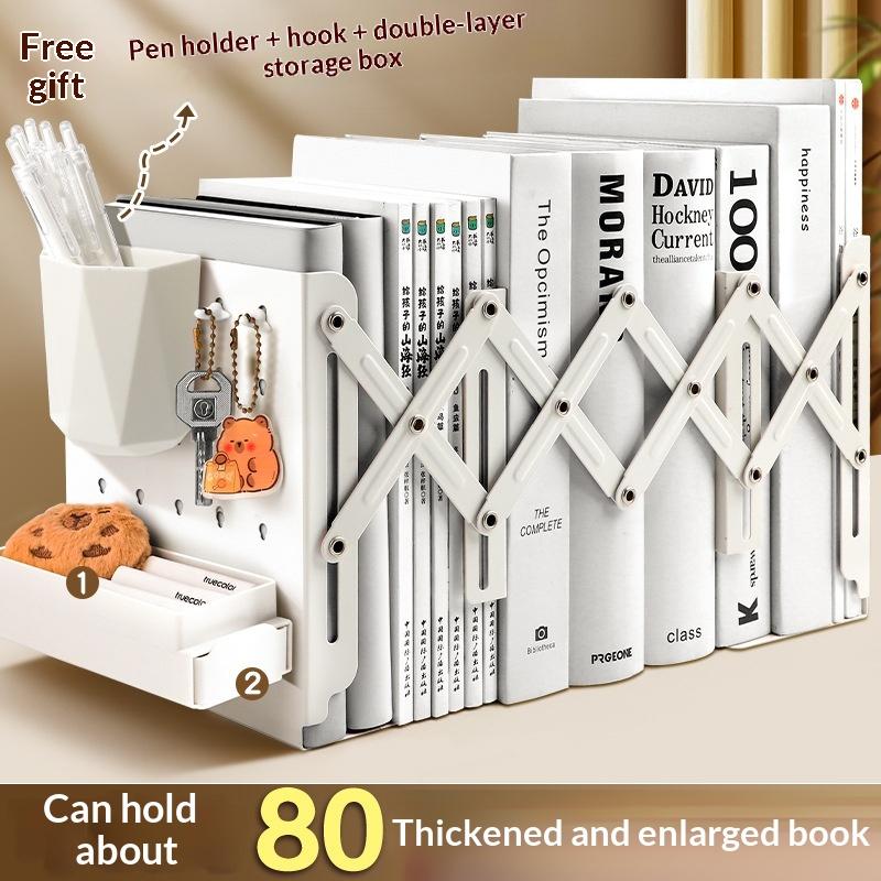 1Pcadjustable Expandable Book Organizer With Pen Holder And Hooks Holds 80 Books Perfect For Student Home Office Desktop Storage