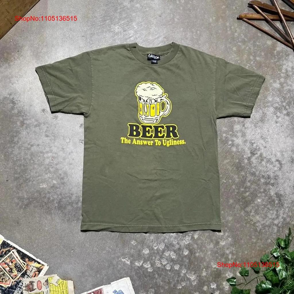 Vintage Y2K Beer The Answer To Ugliness Joke Text T Shirt Mens Medium Funny vintage Washed graphic fashion Soft Breathable