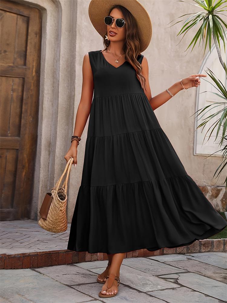Women's Skirt 2024 New Elegant Holiday Solid Color V-neck Layered Splicing Hem Loose Dress, Cake Skirt