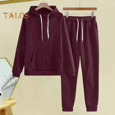 2 Pcs/Set Women Hoodie Pants Suit Solid Color Plush Long Sleeves Thick Top Elastic Waist Ankle-banded Trousers Sport Fitness Outfit Fall Winter