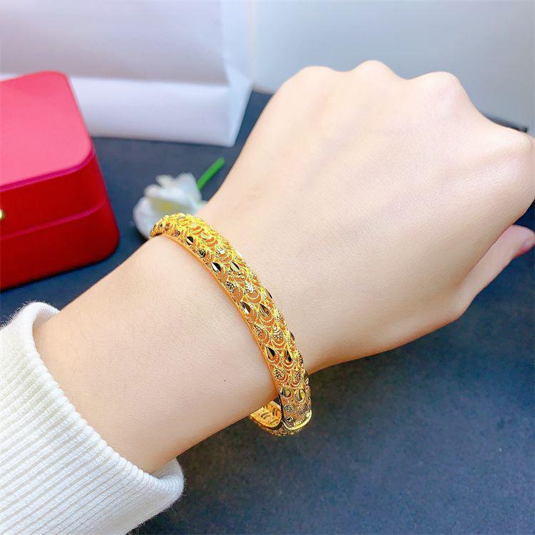 Gold Plated Hollow Floral Design Gothic Style Leather Bracelet For Ladies