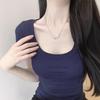 Short Square Neck Short-sleeved Threaded Trendy T-shirt Girls Short-sleeved High-waisted Bottoming Shirt Solid Color Slim-fitting and Thin