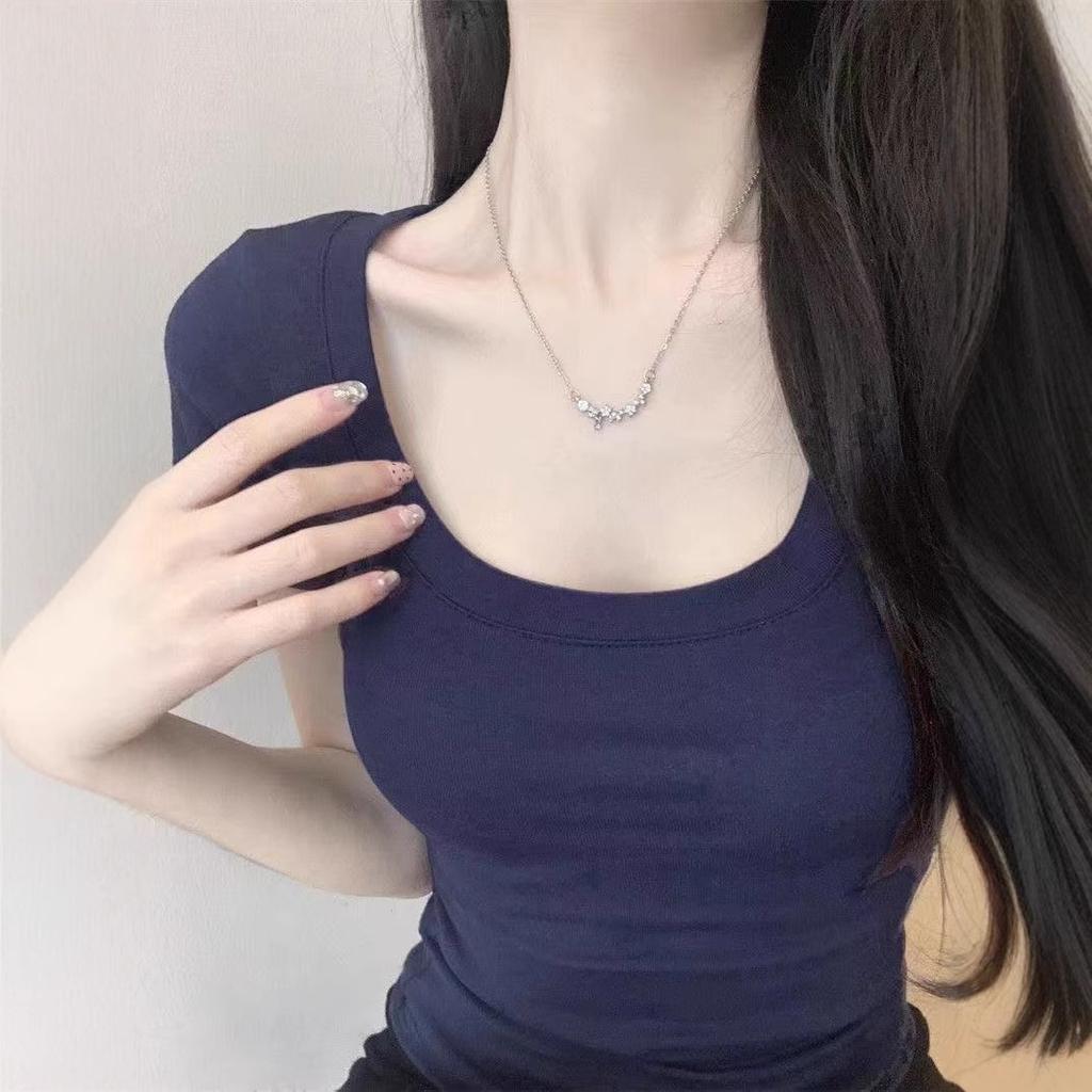 Short Square Neck Short-sleeved Threaded Trendy T-shirt Girls Short-sleeved High-waisted Bottoming Shirt Solid Color Slim-fitting and Thin