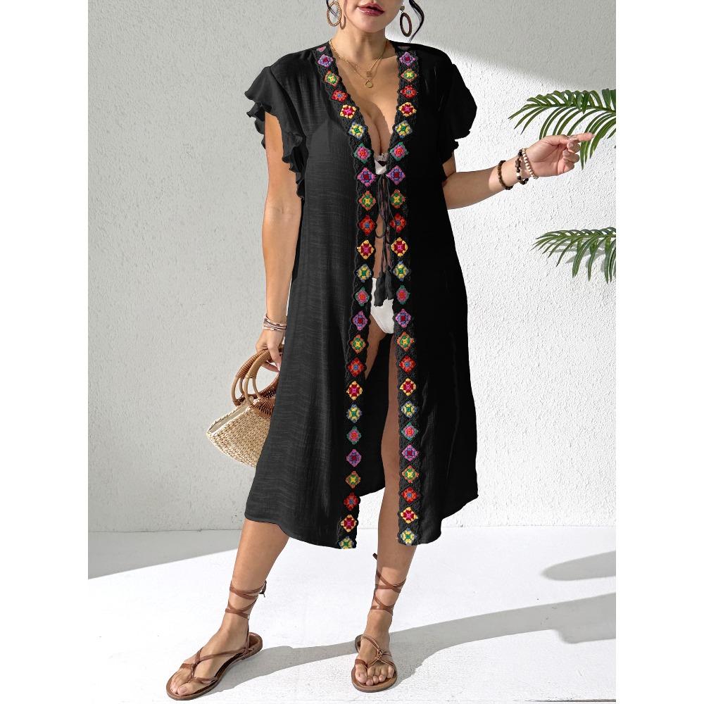 Women's Beach Bikini Top with Sun Protection Jacket, Imitation Hook Lace Patchwork Ruffled Edge Strapless Cardigan