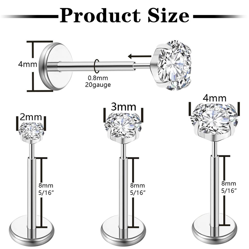 1/7 Stück 20G Flache Rückseite Ohrstecker G23 Titan Gewindelose Tragus Labret Knorpel Lippe Conch Körperpiercing Schmuck für Frauen Männer