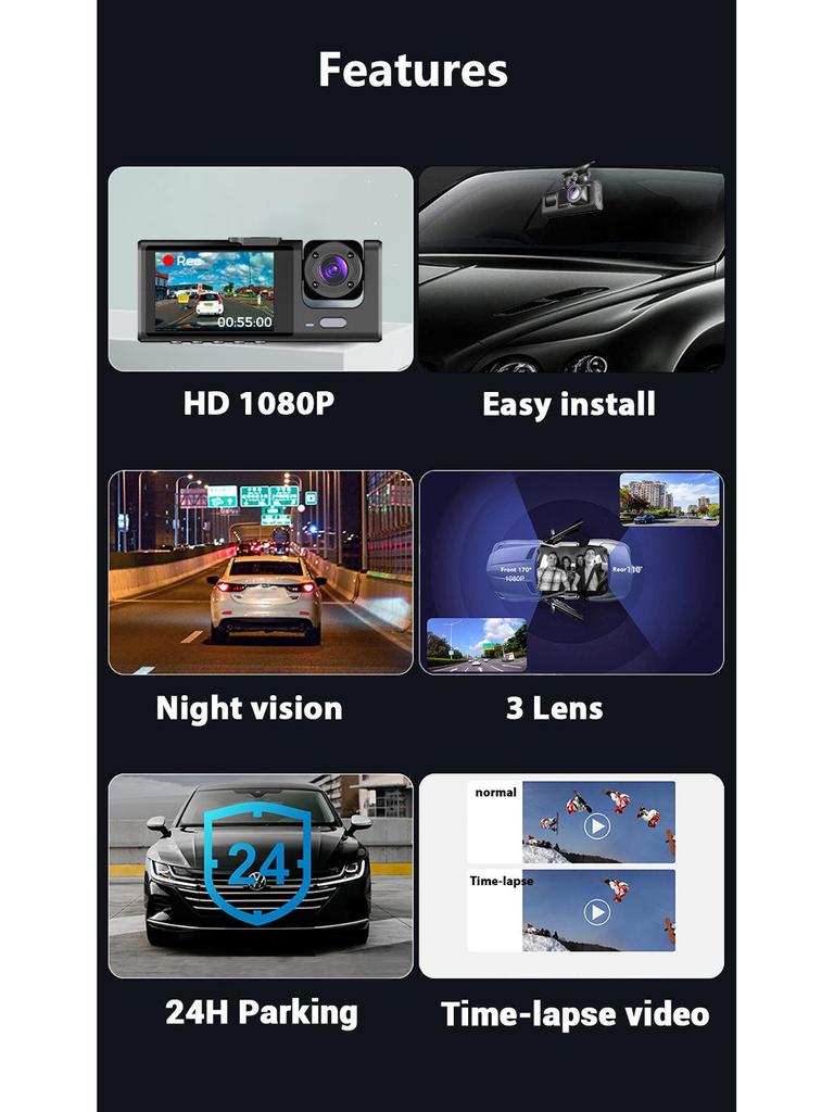 3-Objektiv 1080P HD Autorekorder: Vorne, Innen, Hinten, mit Mehrsprachunterstützung & WLAN