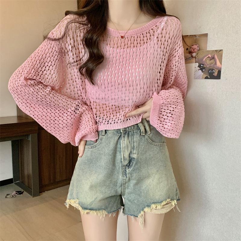 Loose lantern sleeves short hollow blouse women's summer tulle mesh candy color sweet round neck long-sleeved knitted sweater