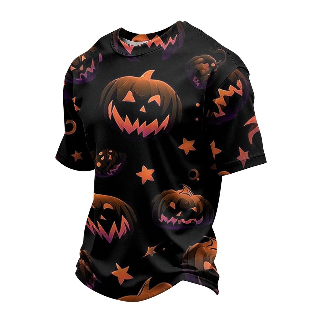 Men's Casual Short Sleeve T-Shirt Lightweight Breathable Round Neck Top Halloween Pumpkin Print Design Comfortable Fit