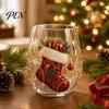 Elegant Wine Glass Set Creative Transparent Santa Claus Pattern Mug, 3D Embossed Christmas Aesthetic Tea Cups, Drinking with Tree Wreath Socks Design,