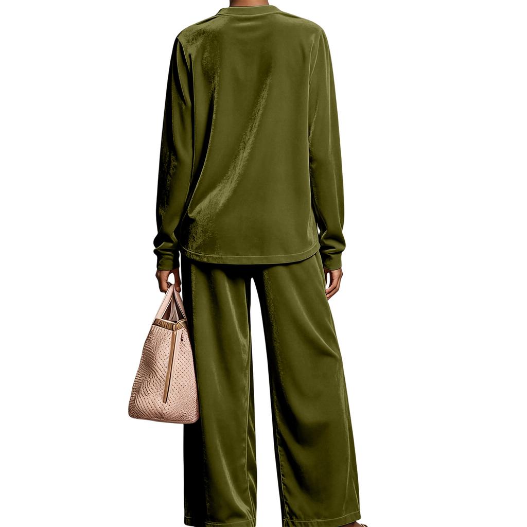 Women's Velour Hoodie and Wide Leg Pants Set High Waist Flowy Suit with Draping Fabric
