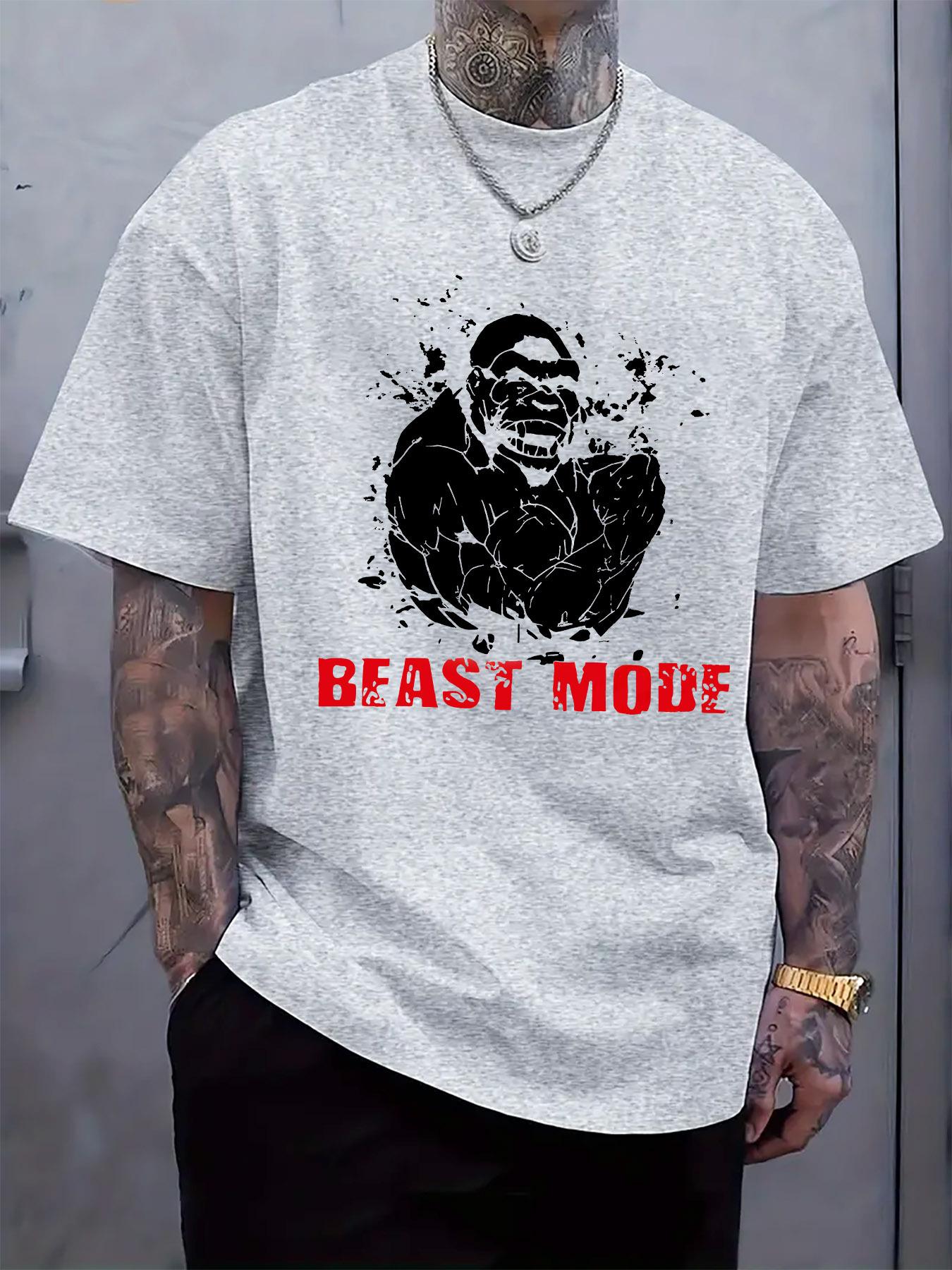 Beast Mode Graphic T-shirt - Casual Crew Neck Short Sleeve Tee L