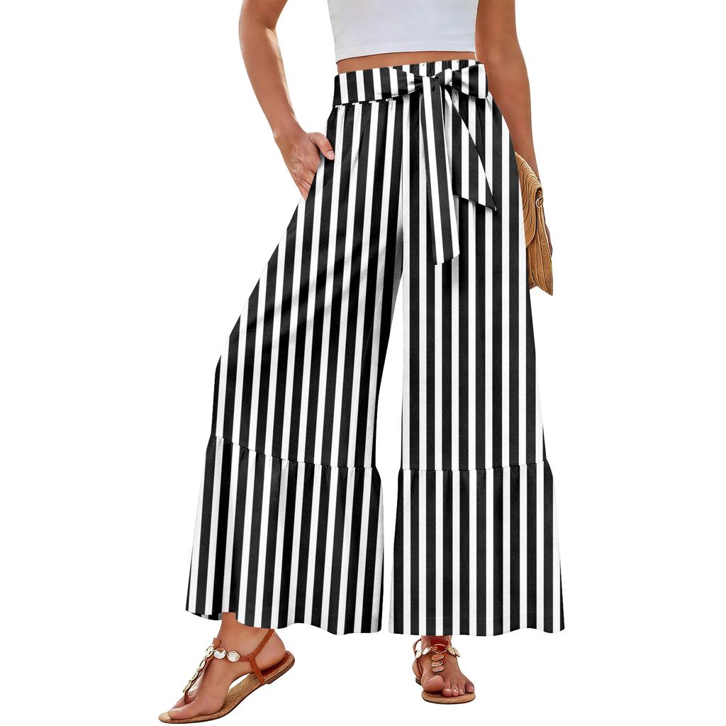 Damen Freizeithose mit weitem Bein, Stretch, Hoher Bund, Gerüschter Saum, Weite Beine, Mit Gürtel und Taschen