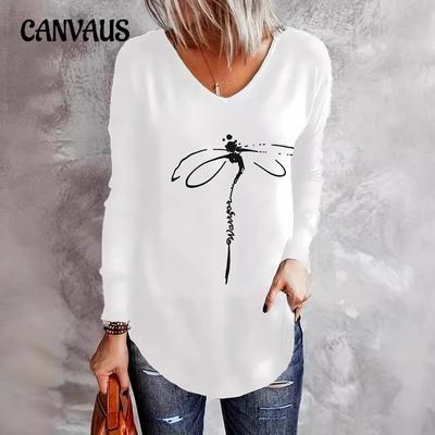 Top a maniche lunghe da donna in taglie forti, primaverile e autunnale, con scollo a V e motivo a libellula in bambù, camicetta ampia