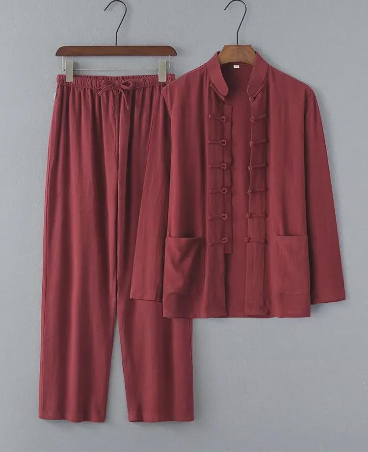 Chinese Style Summer Linen Tang Suit: Men's Retro Hanfu Long-Sleeved Jacket for Middle-Aged and Elderly