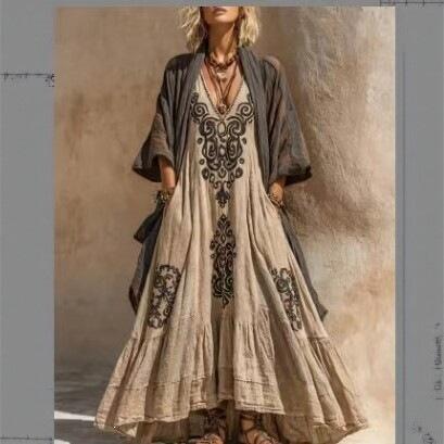 Neues böhmisches V-Ausschnitt bedrucktes langes Kleid lockere Sonnencreme-Bluse Strandurlaub Strandkleid