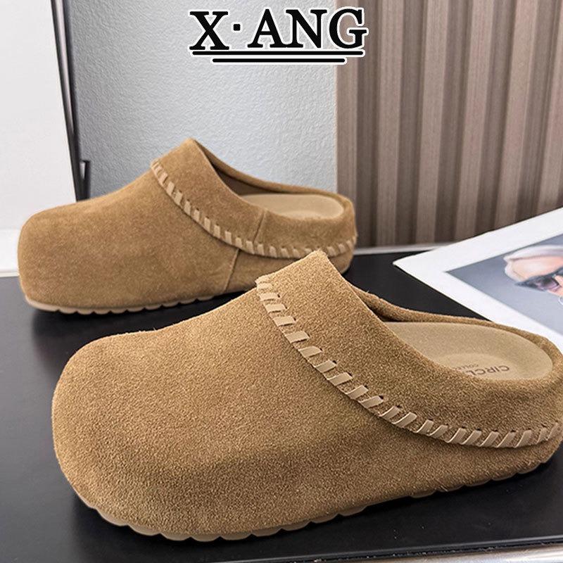 Inner Height Increase Cm Women's Shoes Genuine Leather Velvet Warm One-pedal Heelless Cotton Shoes Thick-soled Bag Head Slippers