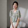 SOFSIL 100% Mulberry Silk Printed Short-Sleeve V-Neck Shirt