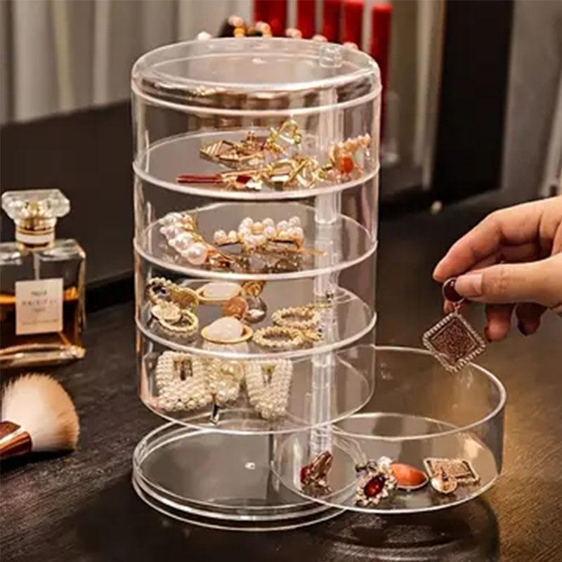 5-layer rotating jewelry storage box - transparent, dust-proof plastic, for storing earrings, rings, necklaces and hair accessor