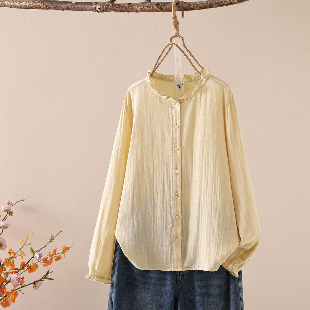 Japanese Style Women's Long Sleeve Lace Collar Shirt: Double Layer Cotton Gauze Loose Blouse