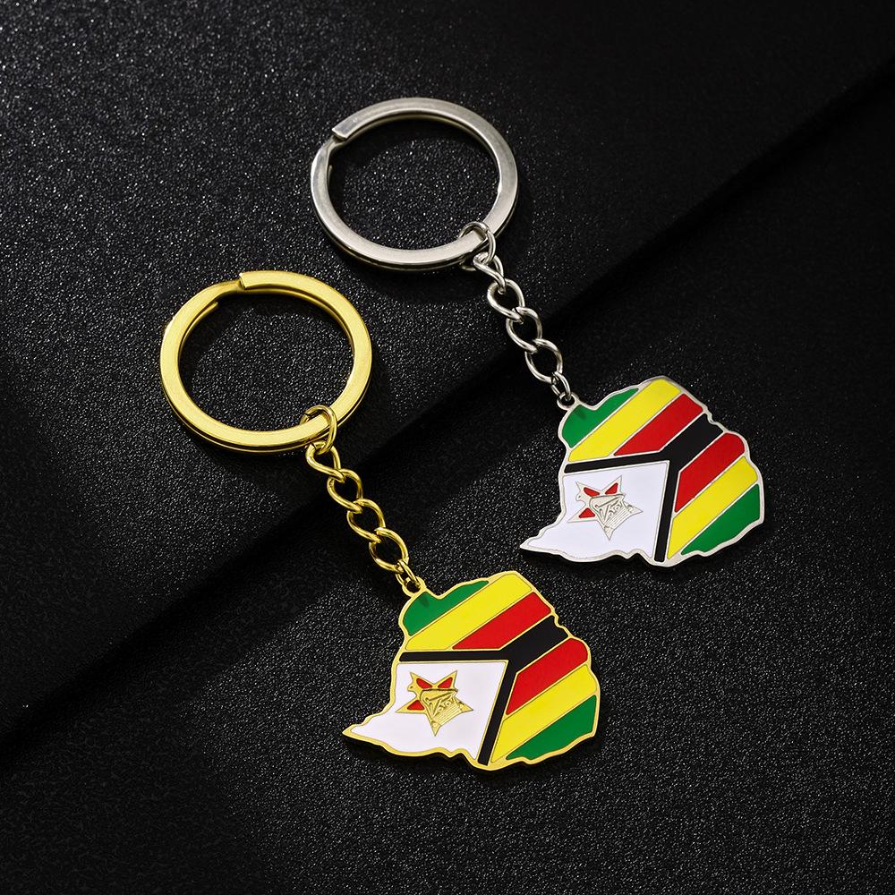 Zimbabwe Flag Map Keychain: Ethnic Style Stainless Steel Accessory for Men and Women