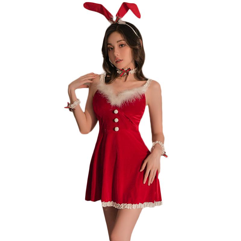 Fluffy Bunny Girl Christmas Lingerie - Backless Slip Dress
