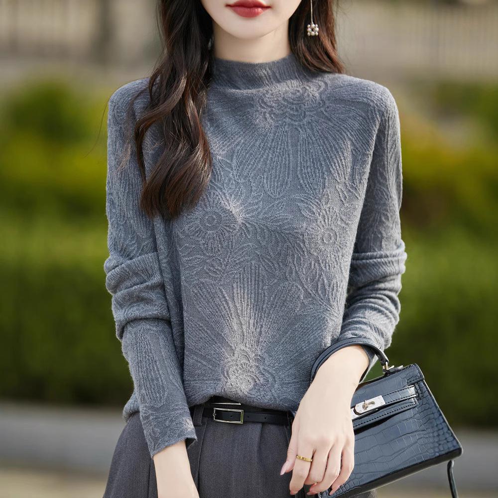 

Women s Semi-High Neck Slim-Fit Jacquard Sweater - Versatile Spring & Autumn Pullover XXL for 140-155 lbs білий
