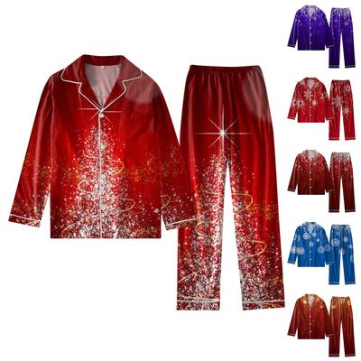 Women's 2 Piece Printed Suit Long Sleeve Button Up Top Wide Leg Pants Suit Set Pajamas Home Casual Suit