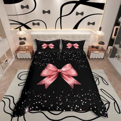 Homewish Cute Ribbon Bow Duvet Cover Set,Sparkling Sequin for Girls Bedding Set,Love Heart Decor