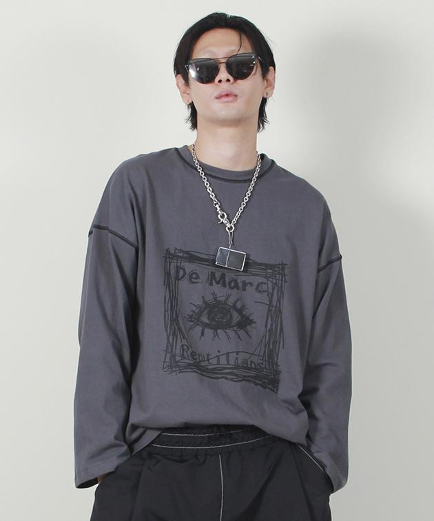 Deumakeu Square Graphic Stitch Long Sleeve T-Shirt Charcoal