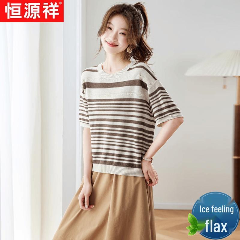 Hengyuanxiang Women s Summer Round Neck Striped Short Sleeve T-Shirt XXL