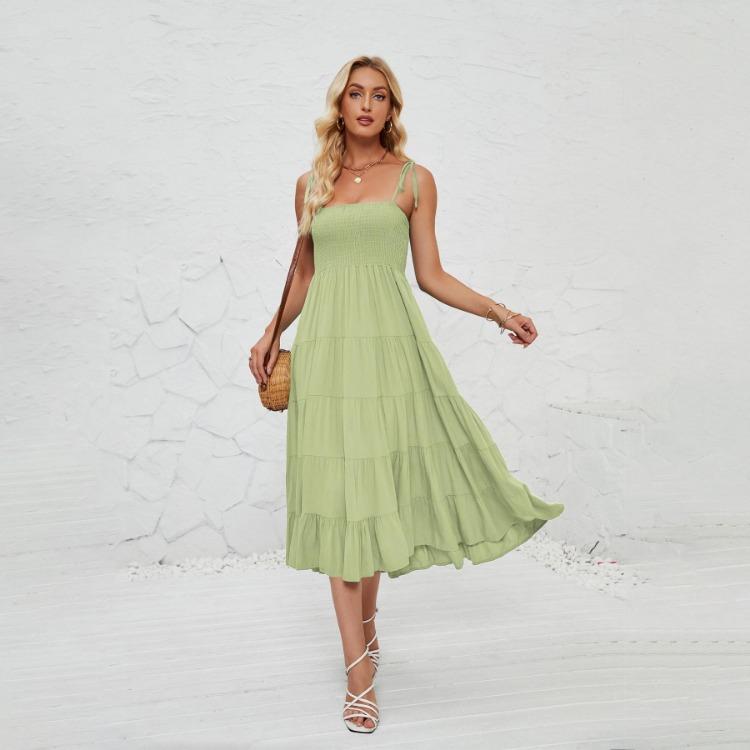 

Halter Women Solid Color Summer Sleeveless Dress Knee Length Elegant Casual Pleated Square Neck S зелёный